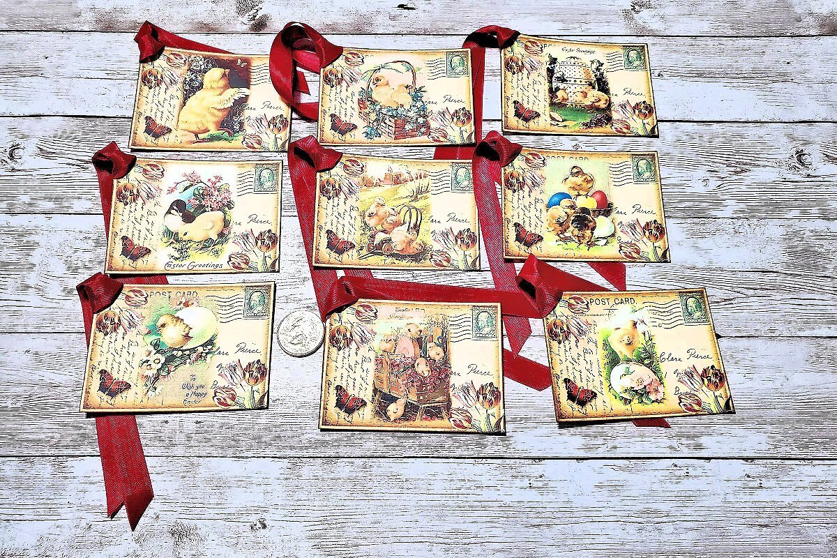 9~Easter~Vintage~Victorian~Postcard Chicks~Linen Cardstock~Gift~Hang~Tags