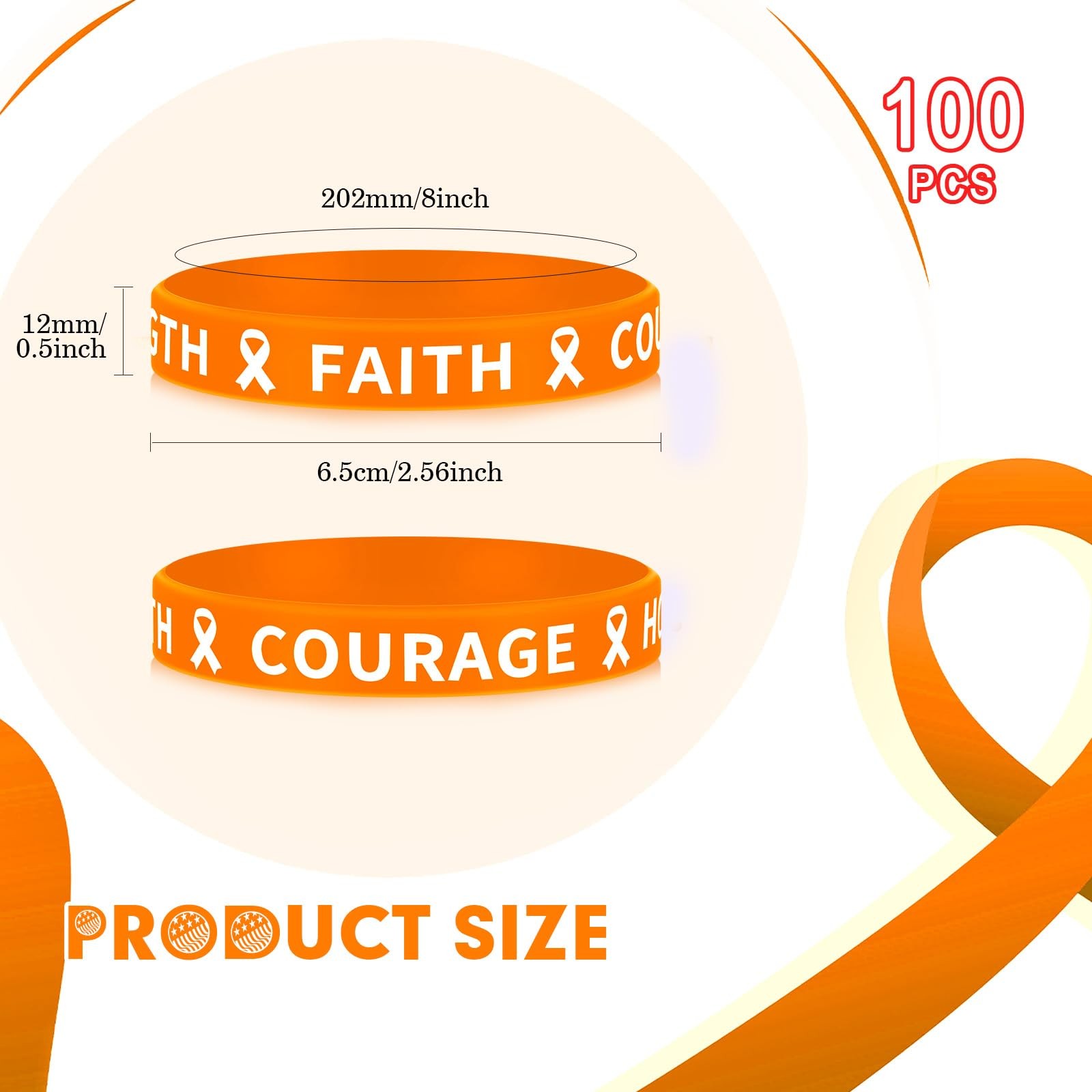 100 Pcs Orange Ribbon Awareness Silicone Bracelets for Leukemia Kidney Cancer