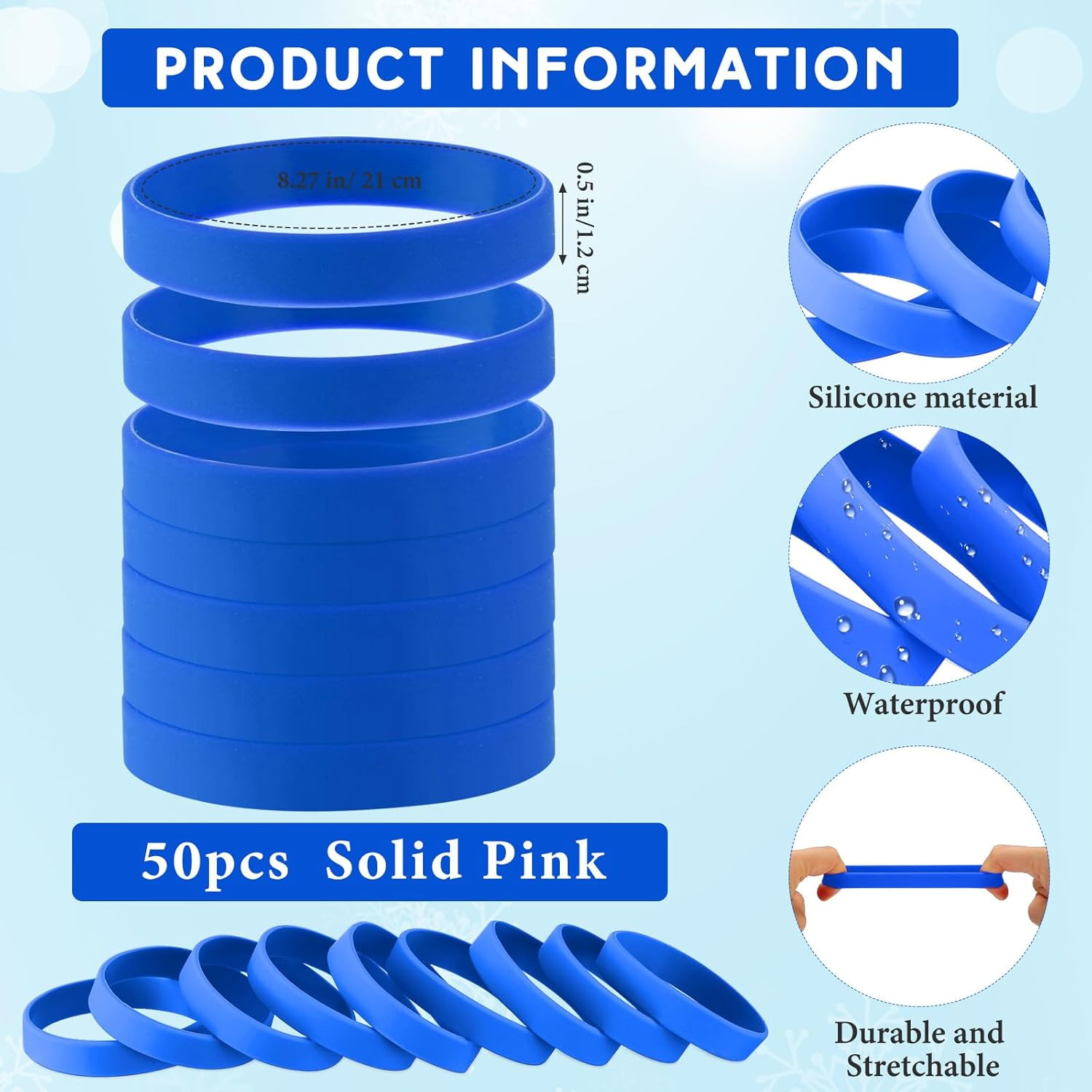 50 Pcs Plain Silicone Rubber Bracelets Elastic Rubber Wristbands Blank Colored B