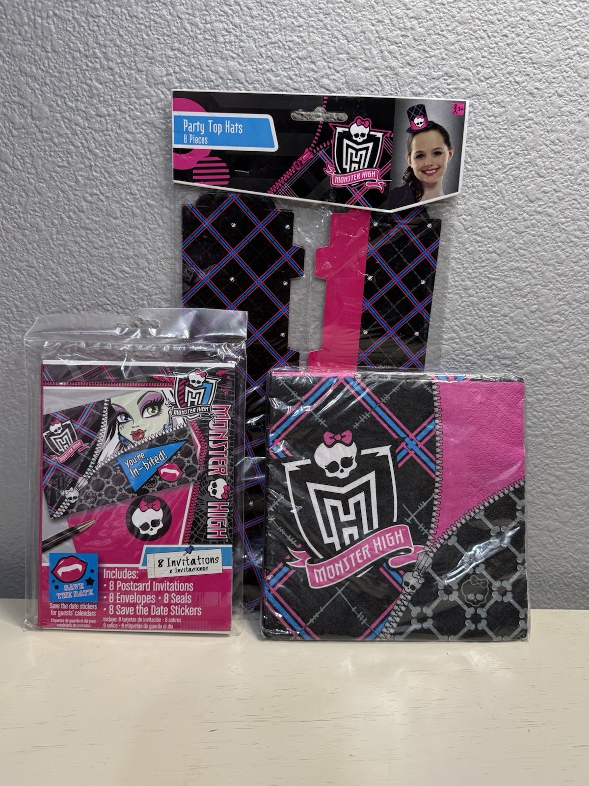MONSTER HIGH Birthday Party Set Of 3; TOP HATS, Invitations And Napkins New