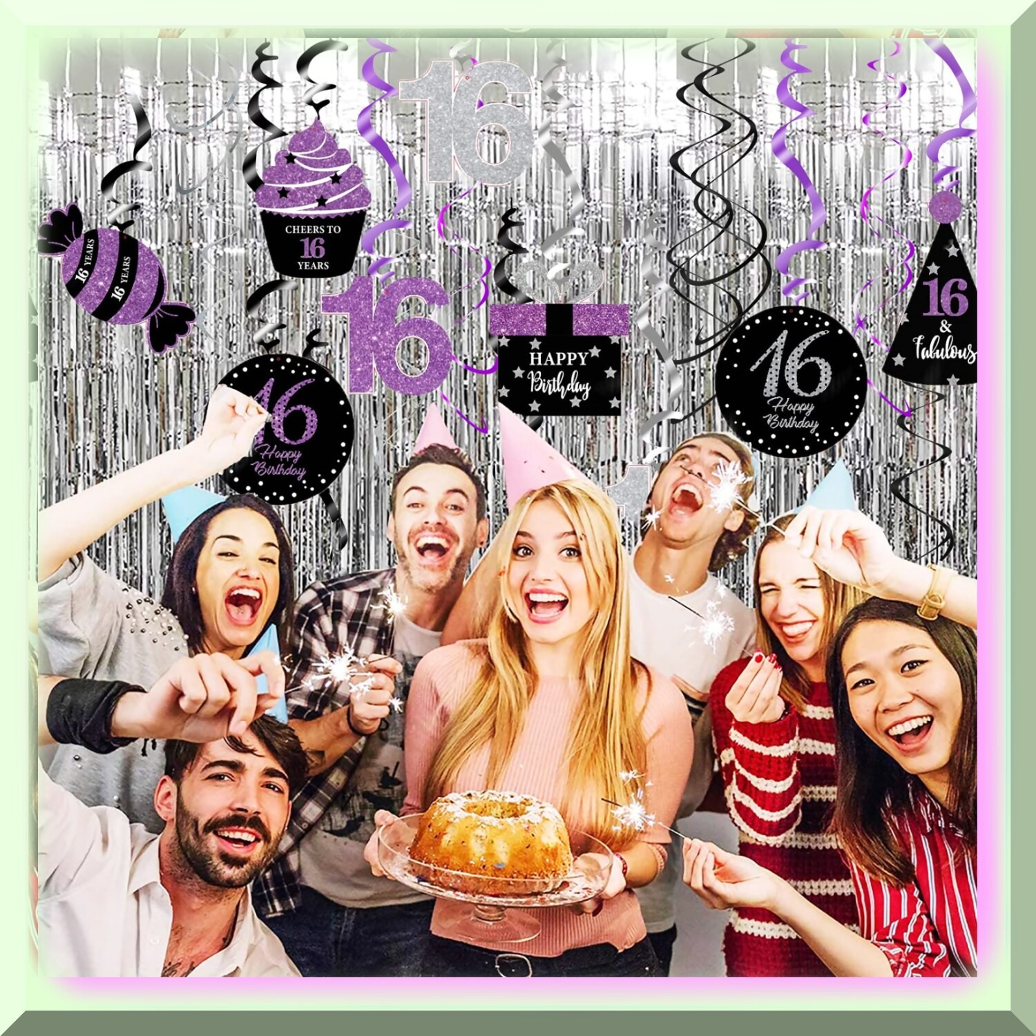 Sweet 16 Hanging Swirl Decorations Purple Silver Black