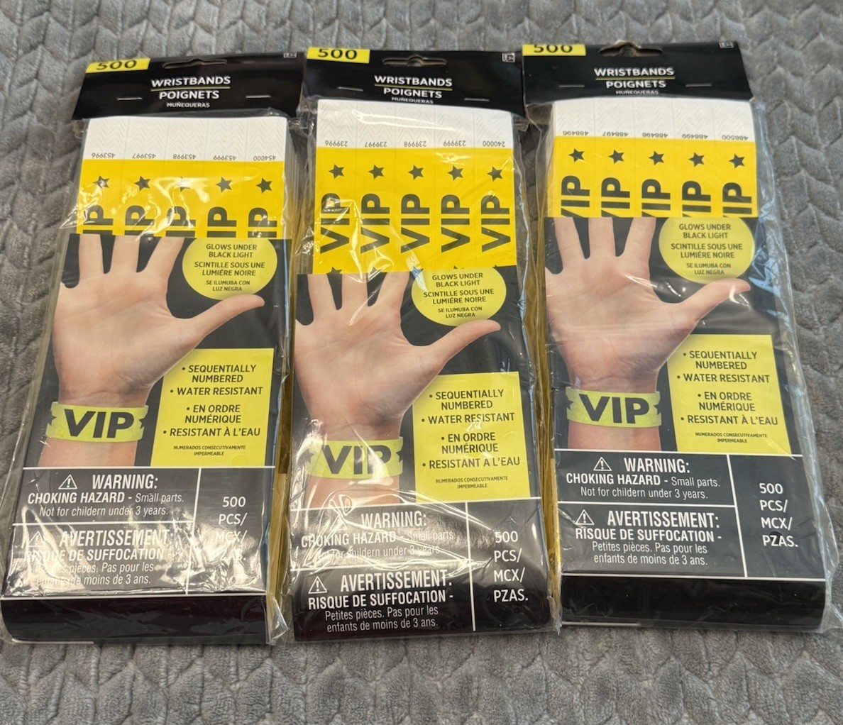 New VIP Yellow Wristbands 1500 Pack Secure Sequentially Numbered Glow Black