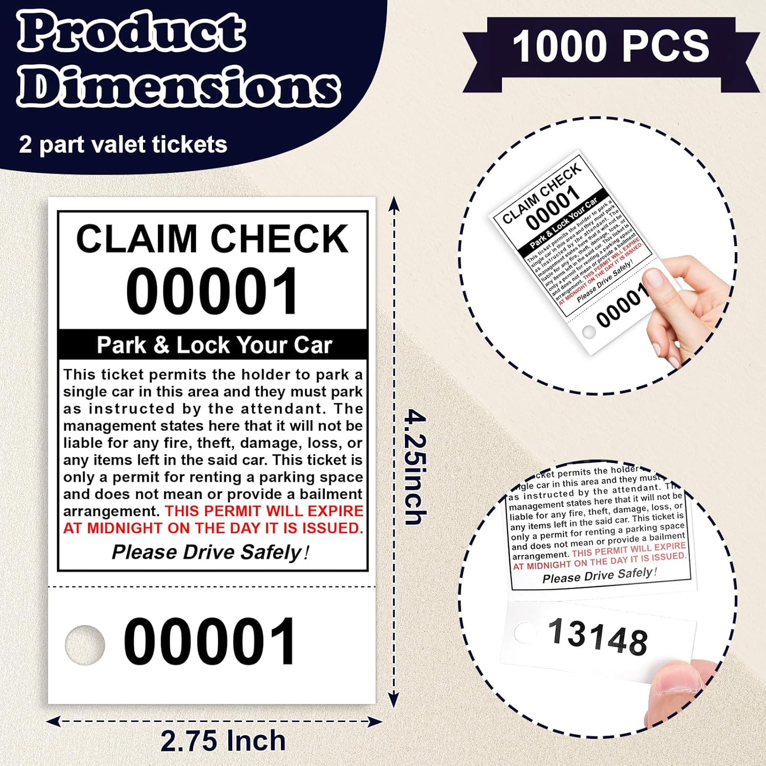 Valet Parking Tickets – 500 Count 2-Part Claim Check Tags, 2.75 x 4.25 Inch