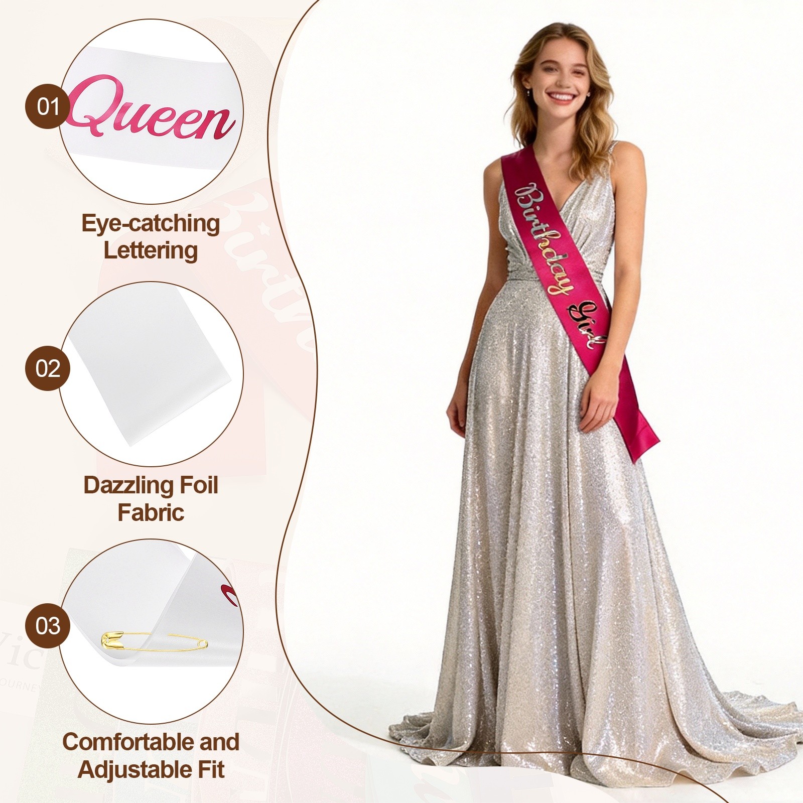 Birthday Queen Sash with Pin Hot Pink Foil Lettering for Birthday Party, White