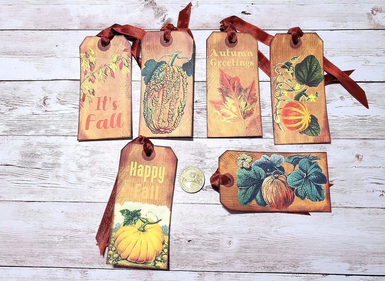 6-Fall-Autumn-Primitive-Farmhouse-Handmade-Party-Linen Cardstock-Gift-Hang-Tags