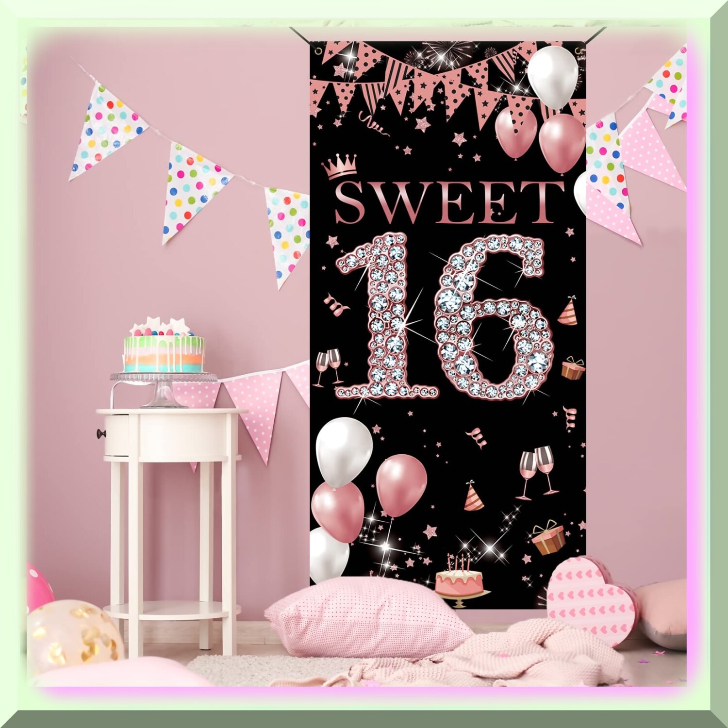 Rose Gold Sweet 16 Door Banner for Birthday Celebration