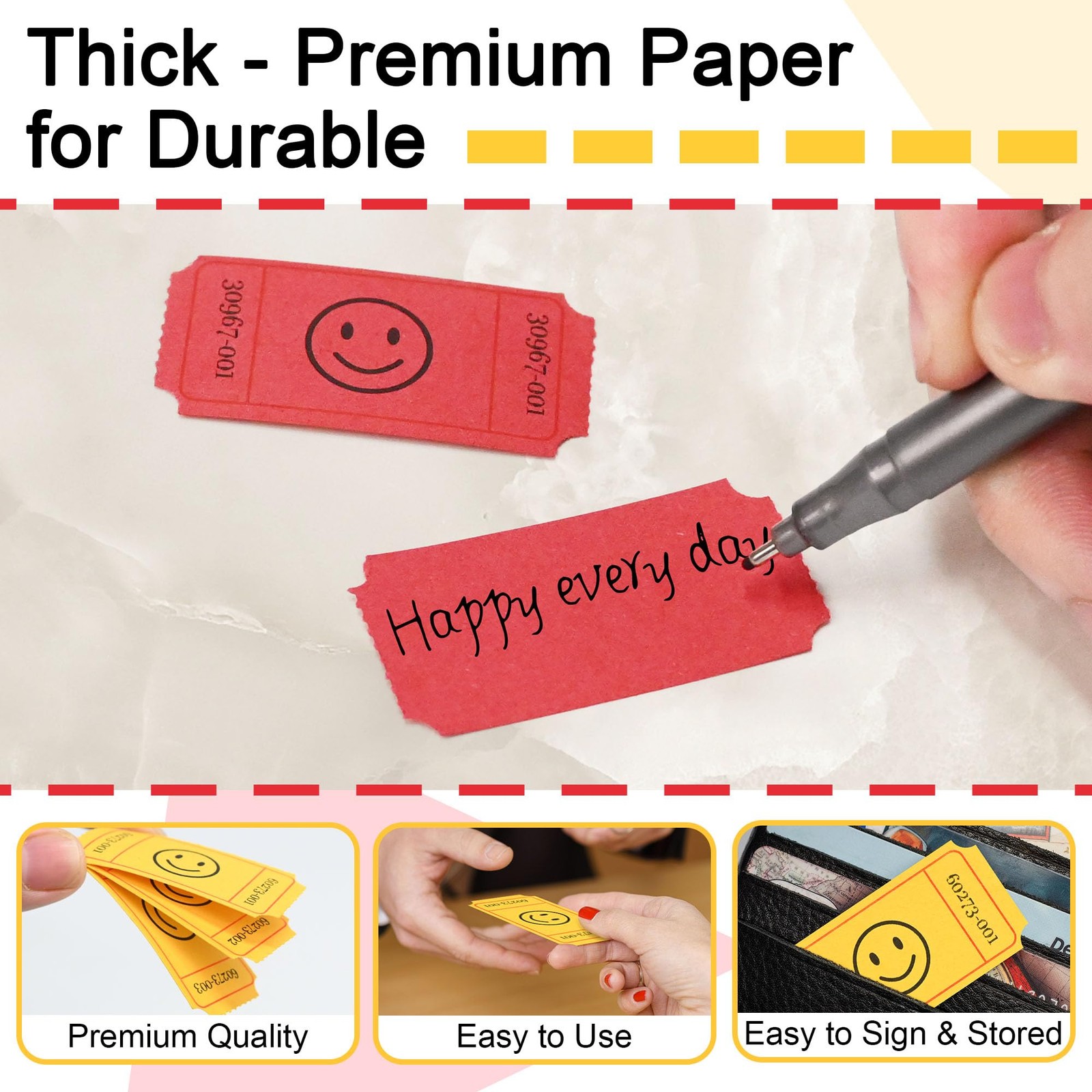 Raffle Tickets, 1000 Count, Smile,2 Color Set of 500 1 x 2 Tickets, Single Ro…