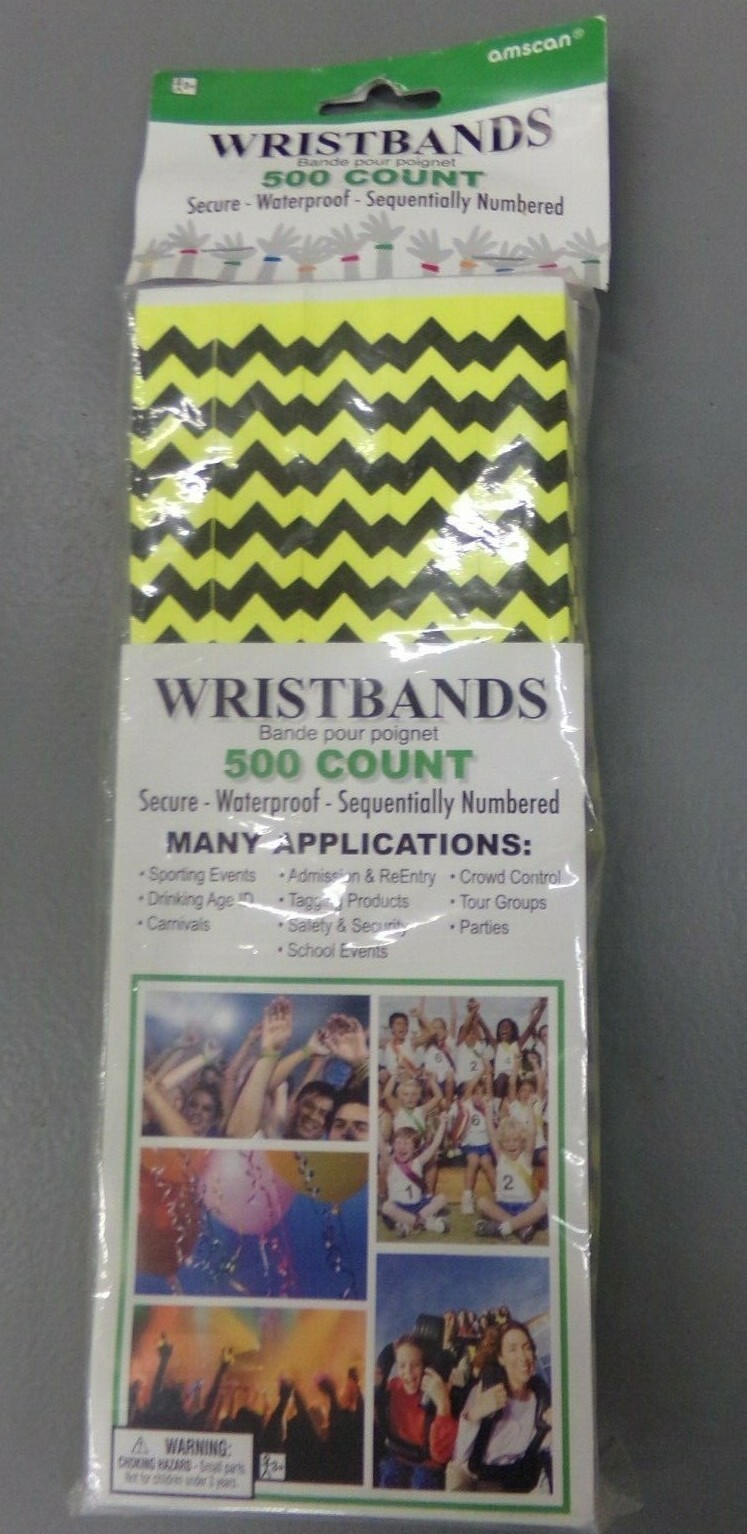 Amscan 500 Count Secure, Waterproof, Numbered Neon Yellow & Black Wristbands NEW