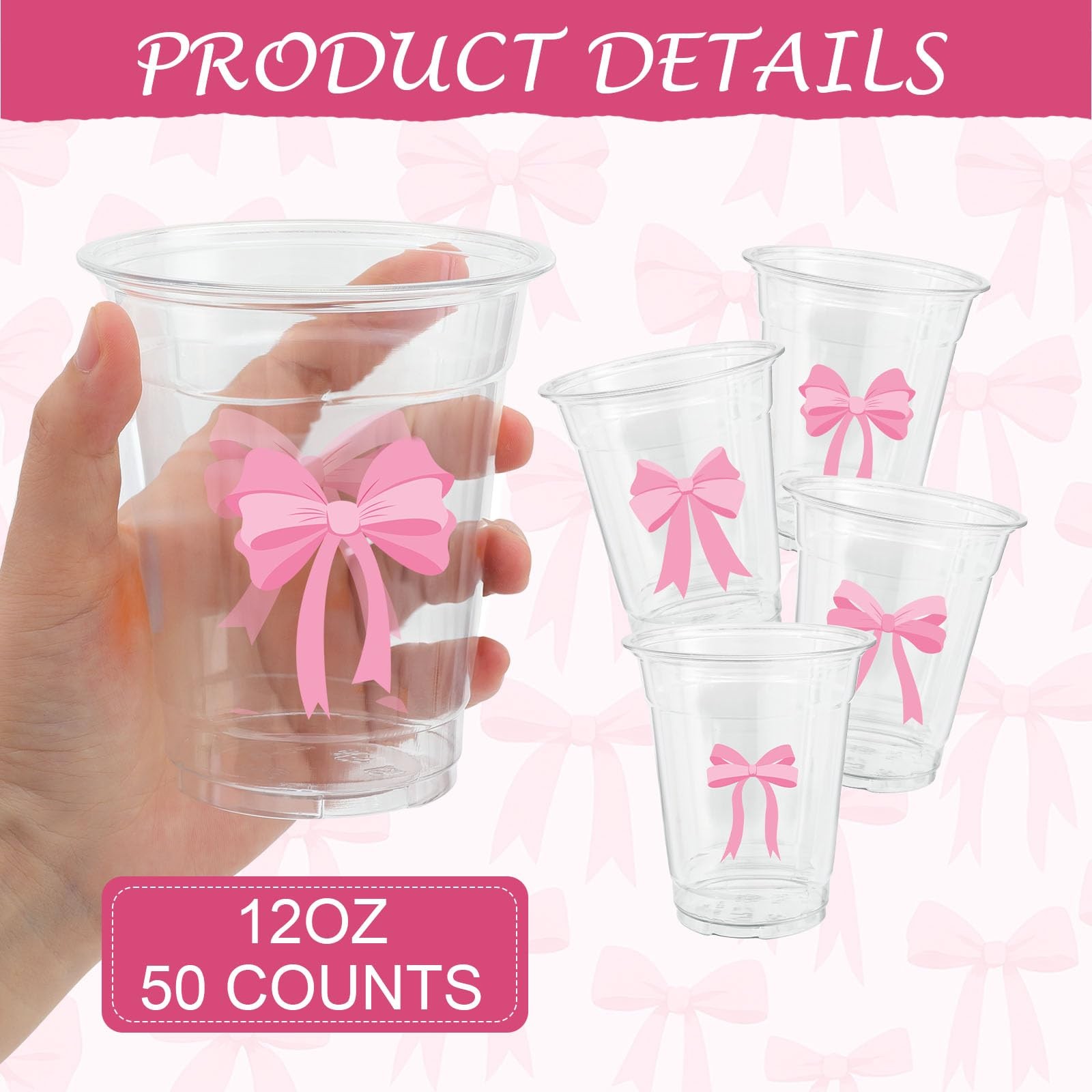 ABURRORI 50 Pcs 12OZ Pink Bow Plastic Cups, Disposable standard,