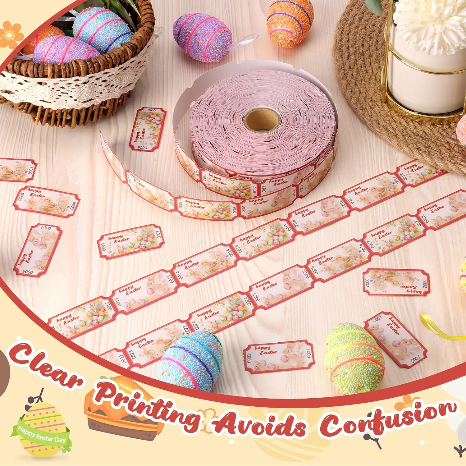 1000 Pcs Numbered Easter Tickets Roll 3 Designs Egg Bunny Raffle Tickets 1”x…