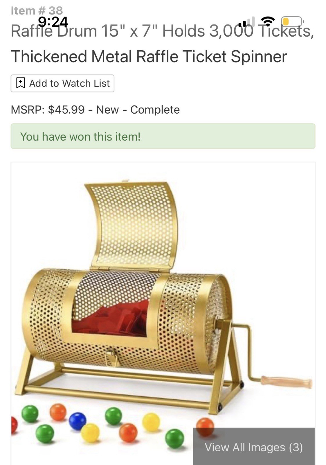 Raffle Drum 15″ x 7″ Holds 3,000 Tickets Metal Spinner w/ Stand, Gold
