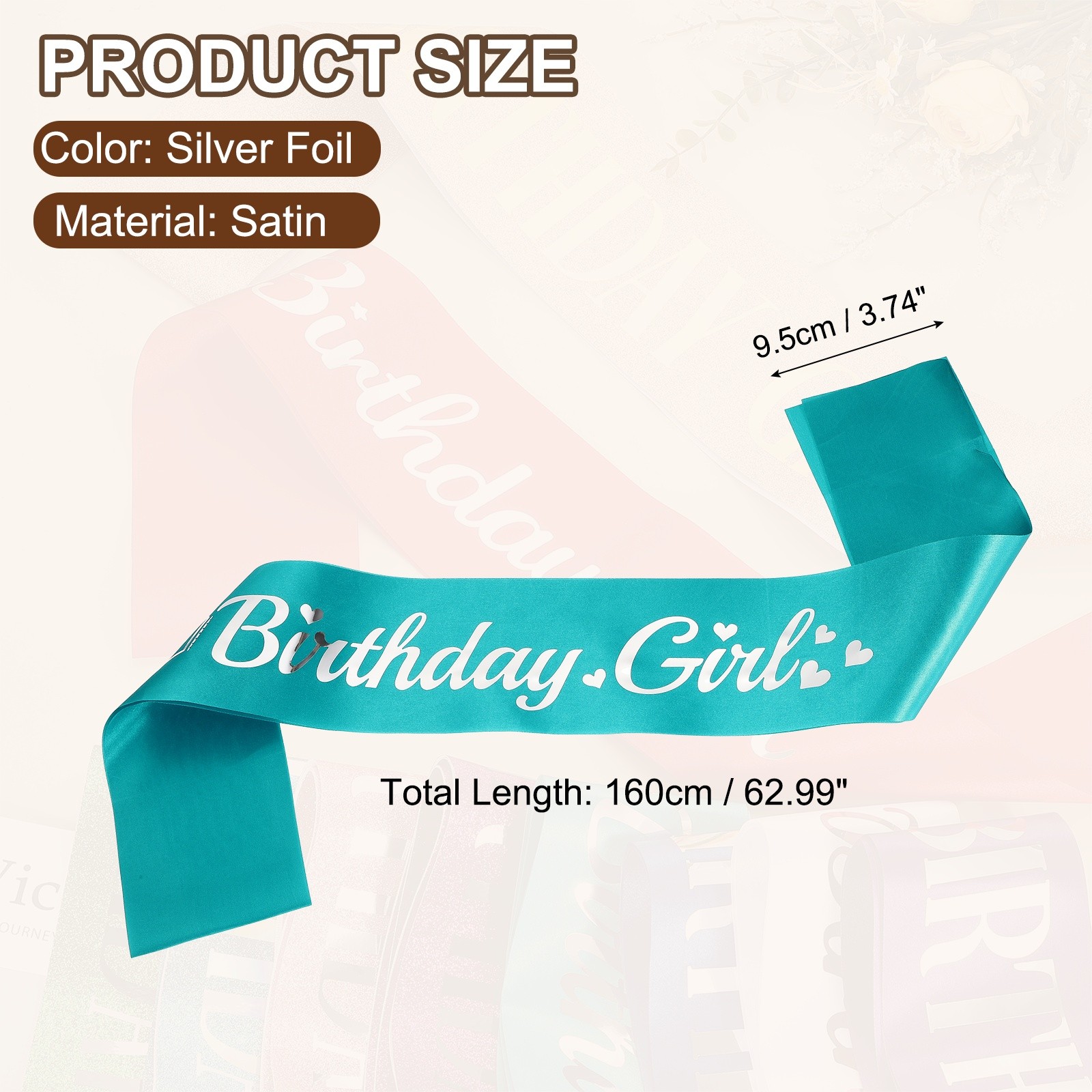 Birthday Girls Sash with Pin Silver Foil Lettering for Birthday Party, Turquoise