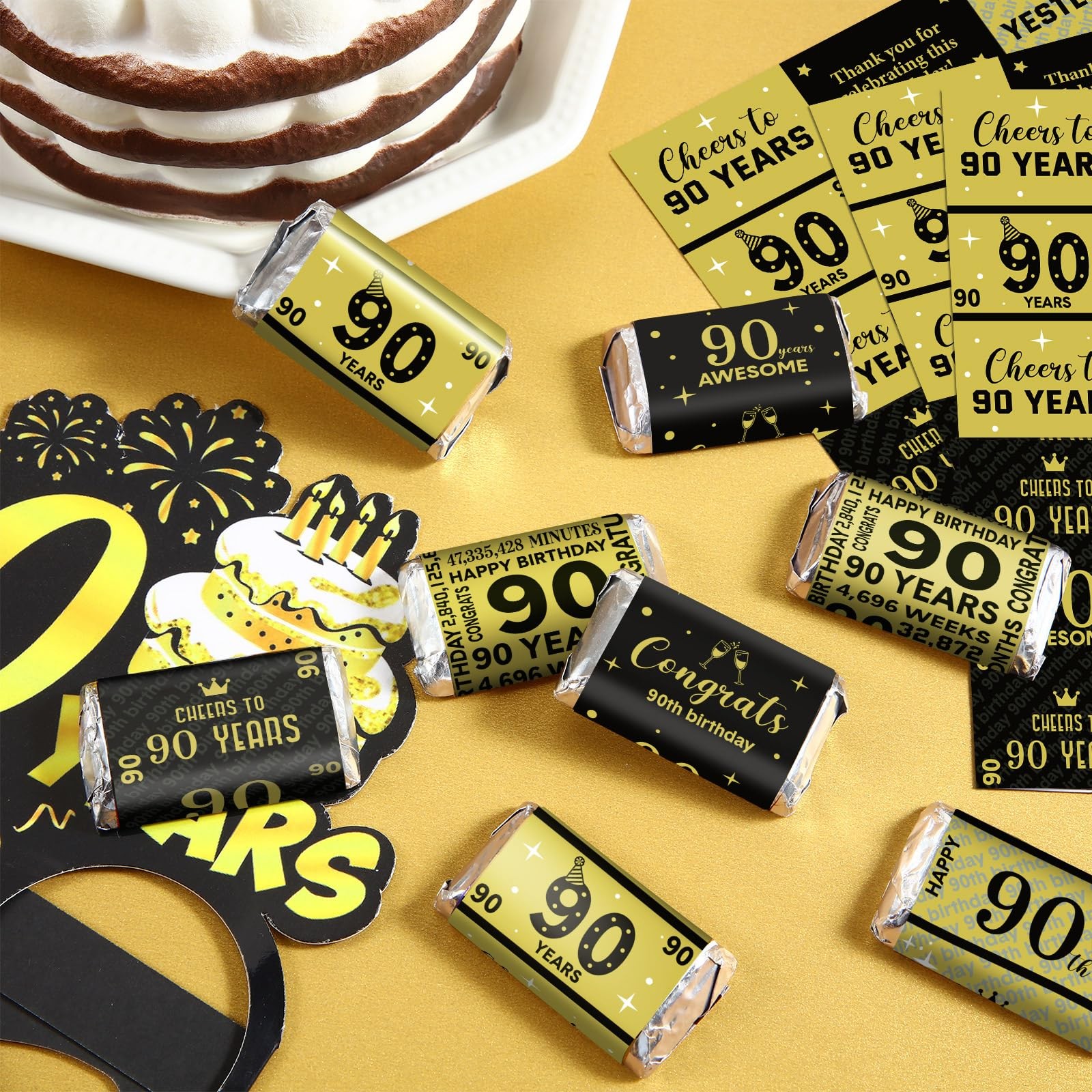 Tenare 90 Pcs 90th Birthday Party Favors Candy Wrappers Black and Gold