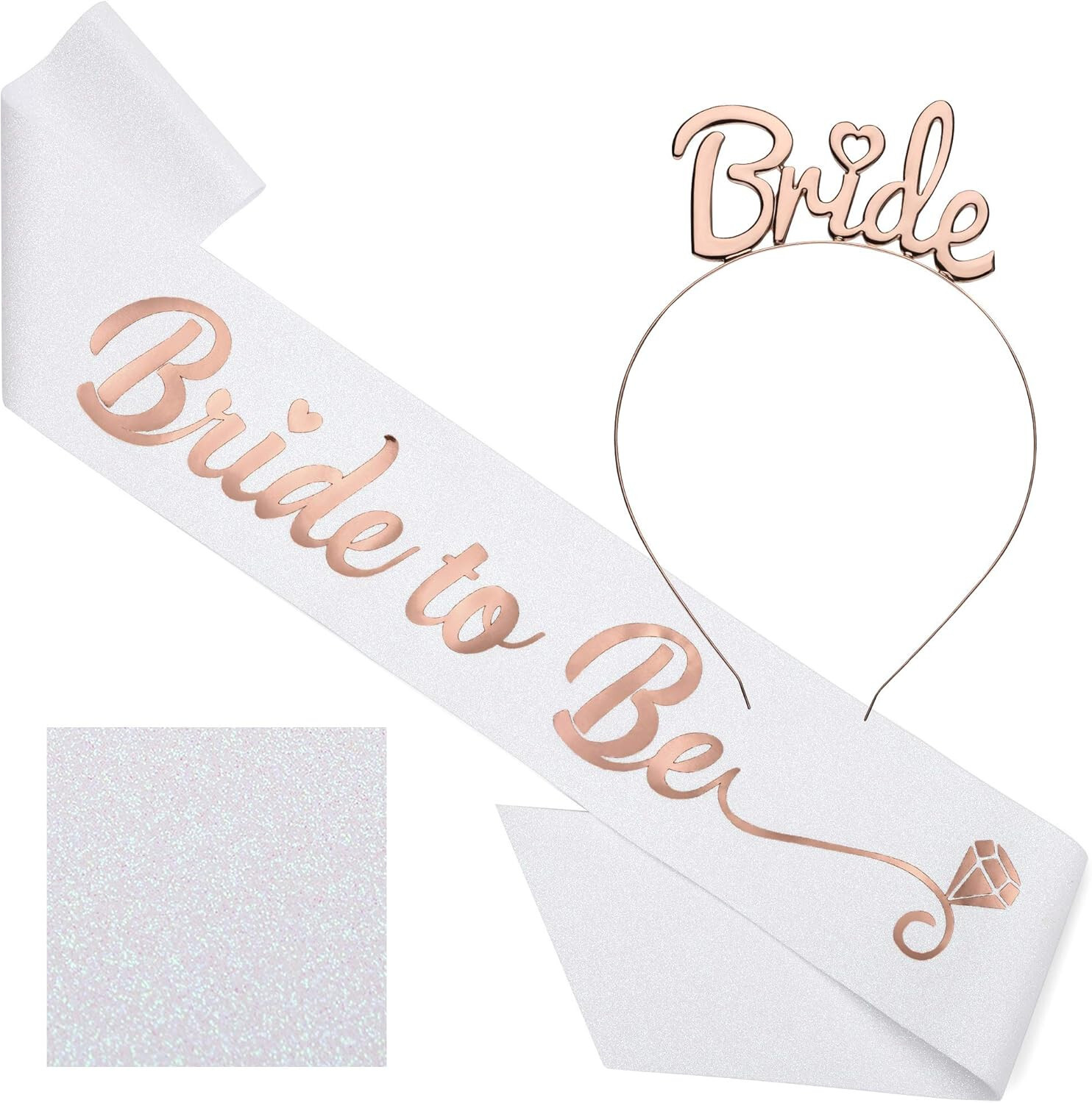 ‘Bride to Be’ Sash and Tiara Bridal Shower White Glitter Sash w/ Rose Gold Foil