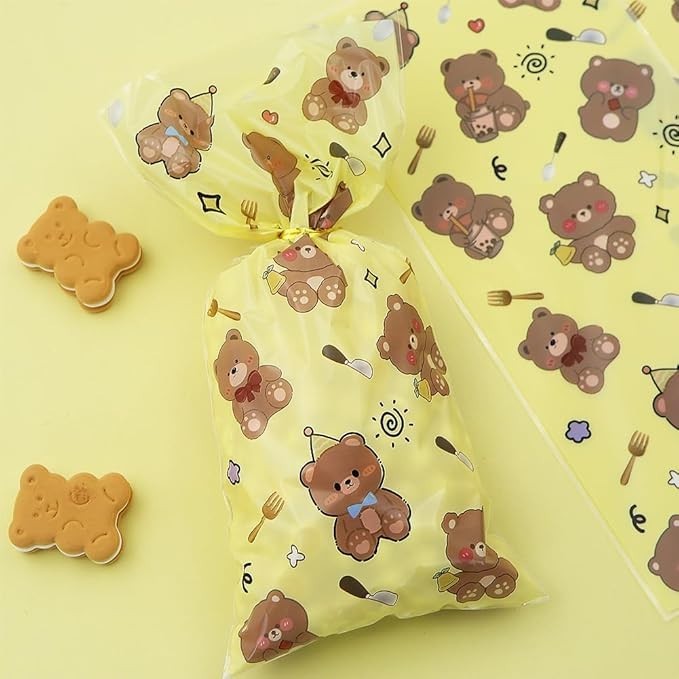 50pcs Bear Cellophane Treat Bags Yellow Cartoon Party Favor Bags Baby Shower