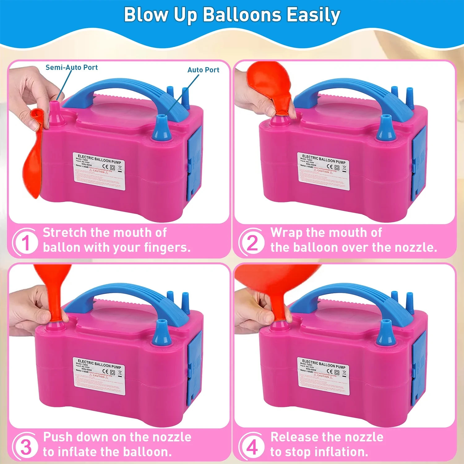 Electric Balloon Pump Dual Nozzle Portable Inflator Party Decoration Tool Pink