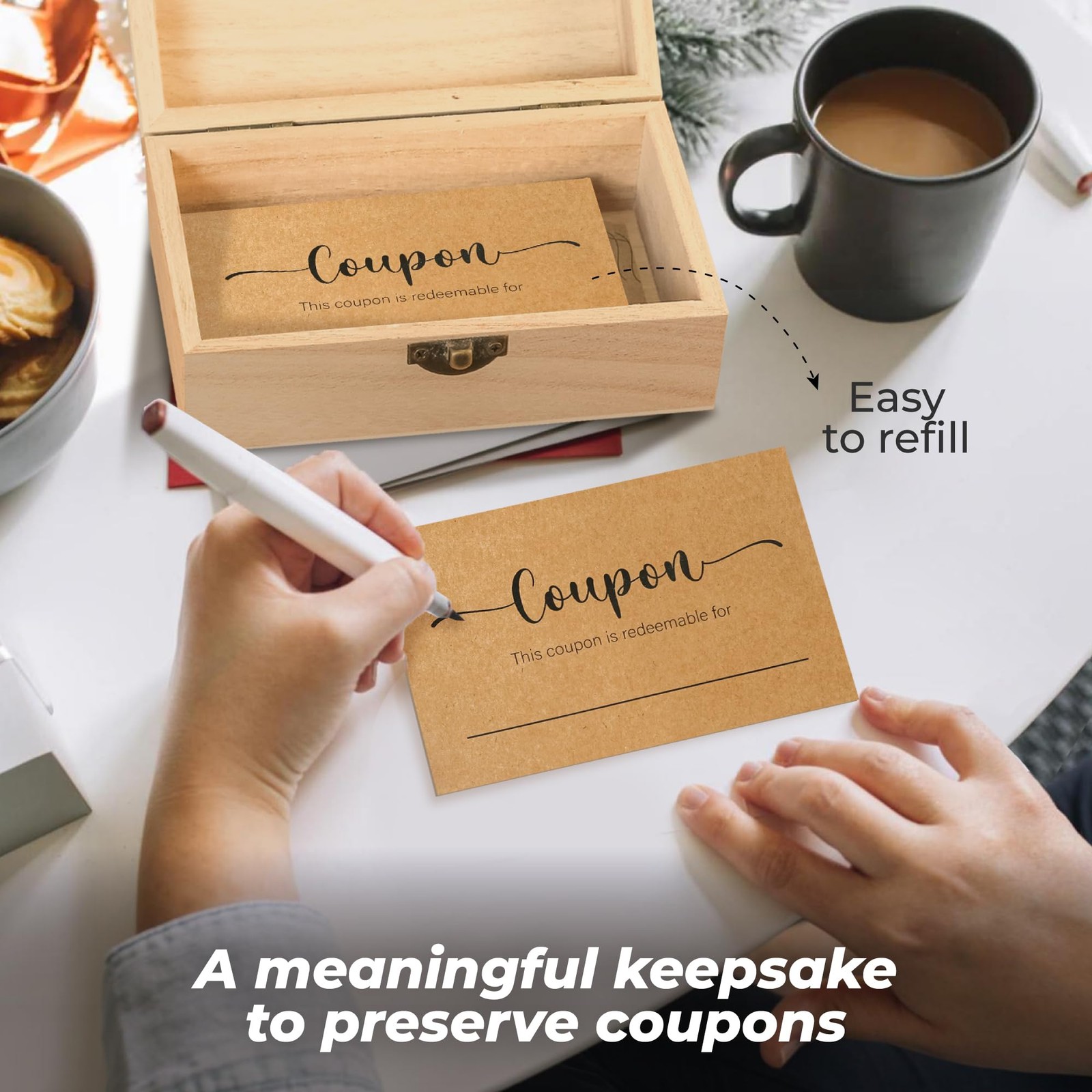 WOODAMORE 50 Blank Coupon Cards with Wood 4 x 6 inches, coupon card box