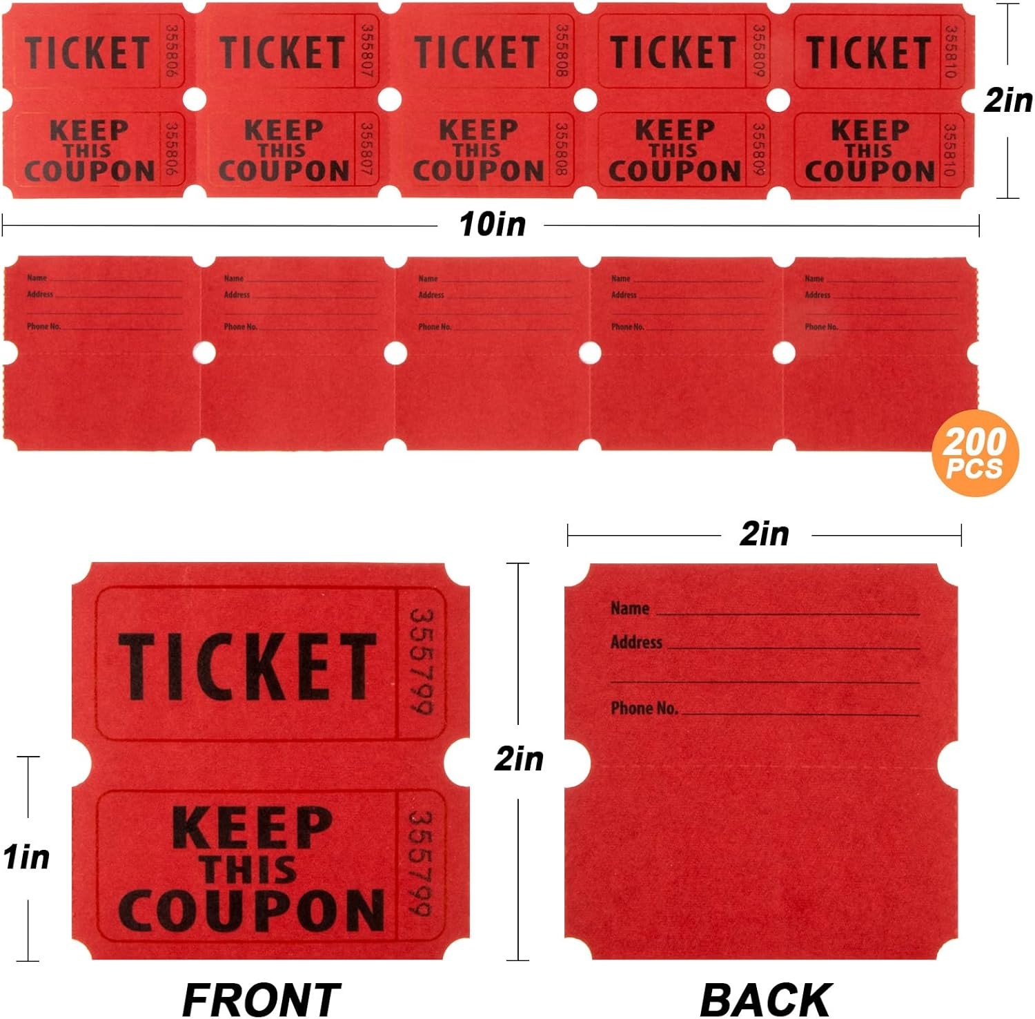 200PCS Double Roll Raffle Tickets – 50/50 Writable Raffle Tickets Perforated Lin