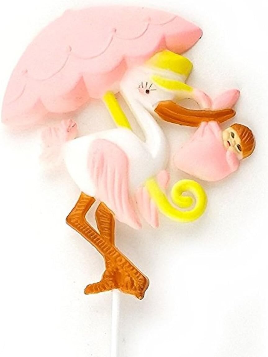 12 Plastic Pink Stork Umbrella & baby shower favor appliques floral cupcake pics