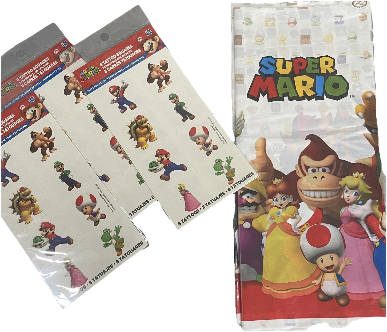 Super Mario Brothers Tattoo Favors-8 Pcs. Lot Of 3 & 1 Party Table Cloth 54×96”