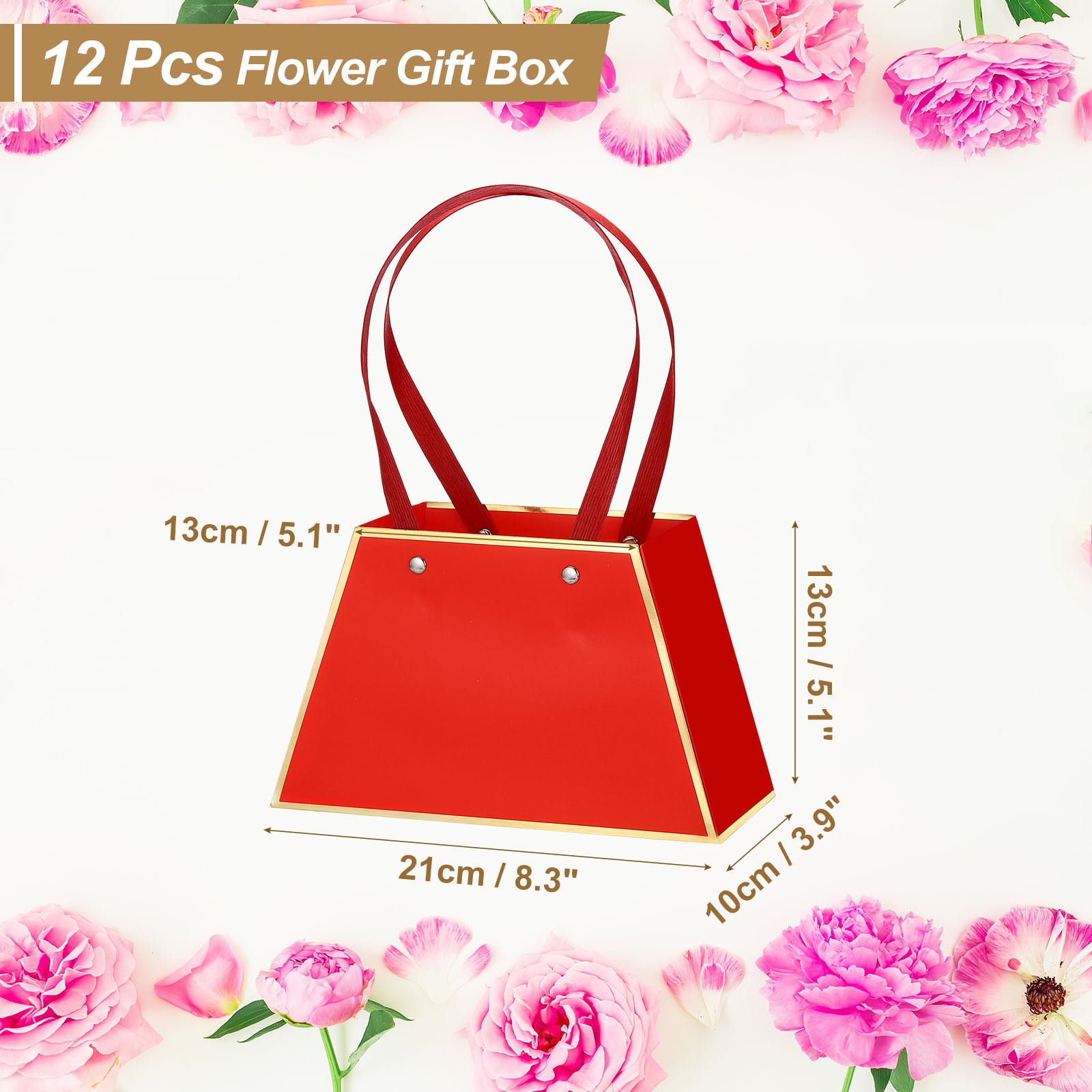 Paper Flower Gift Bags, 12 Pcs Paper Bouquet Flower Gift Bag with Handle,Red