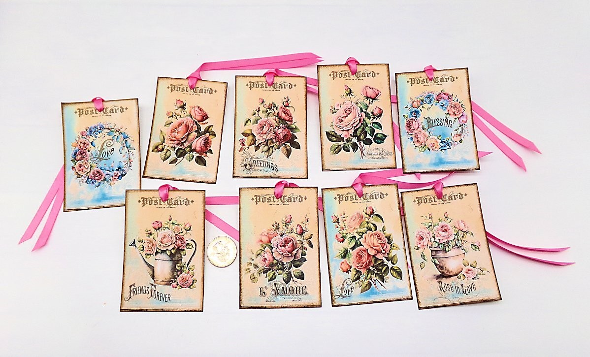 Vintage Style-Roses-Love-Journaling-Linen Cardstock-Hang Tags-Set Of 9