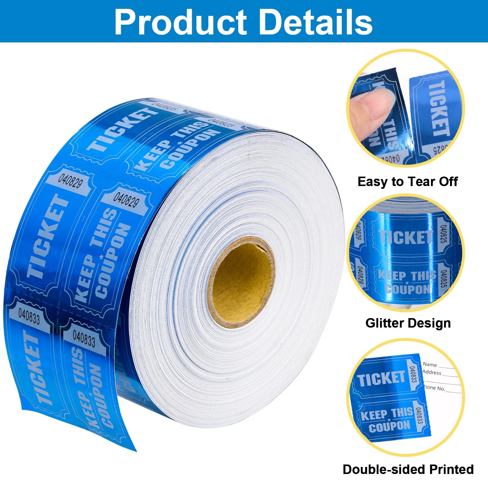 1000 Raffle Tickets Double Roll Metallic Blue Foil Ticket for Events Carnivals E