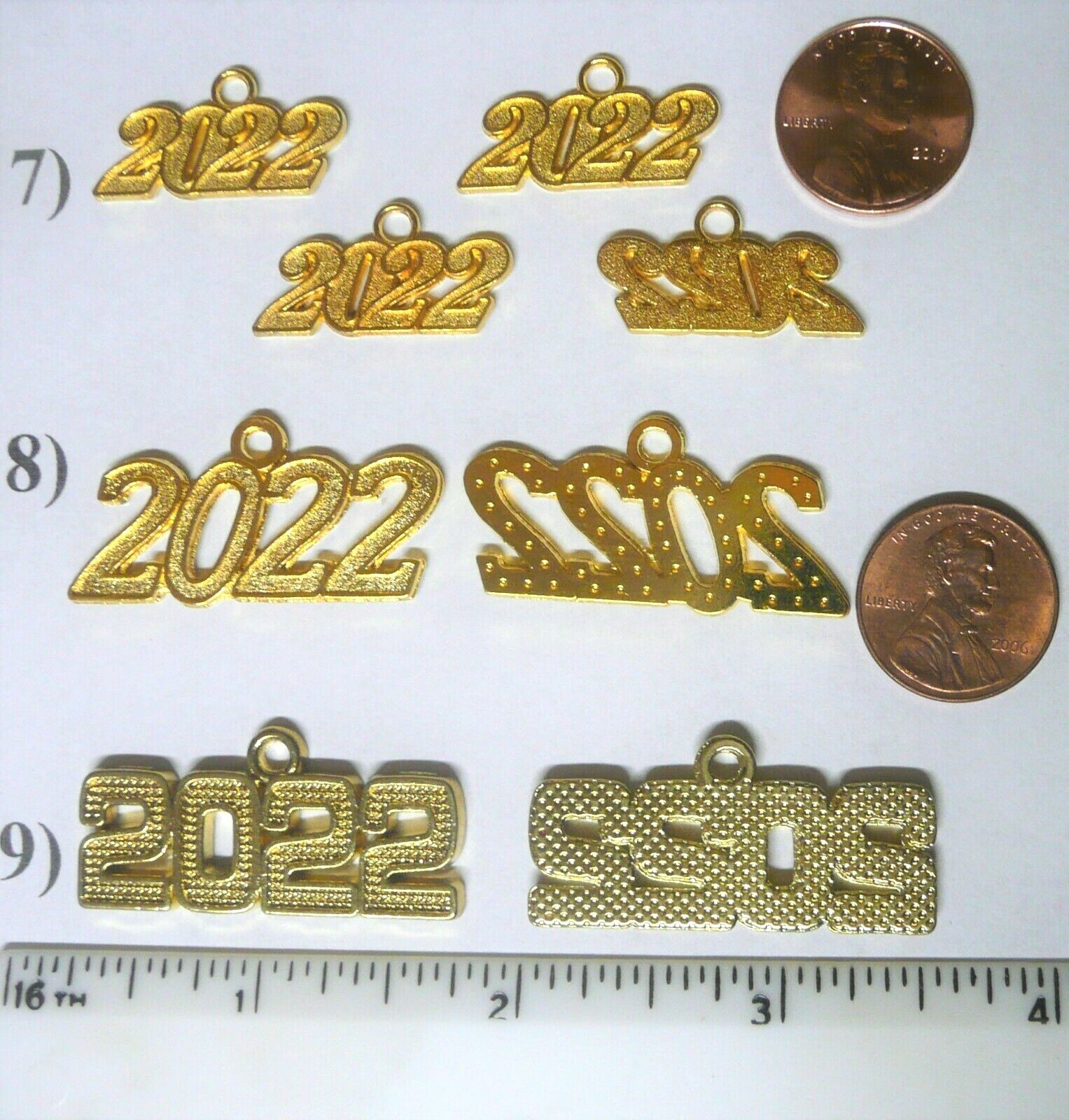 CLASS OF 2022 YEAR NUMBER CHARMS GRADUATION, CHOICE 11 STYLES OF GOLD OR SILVER