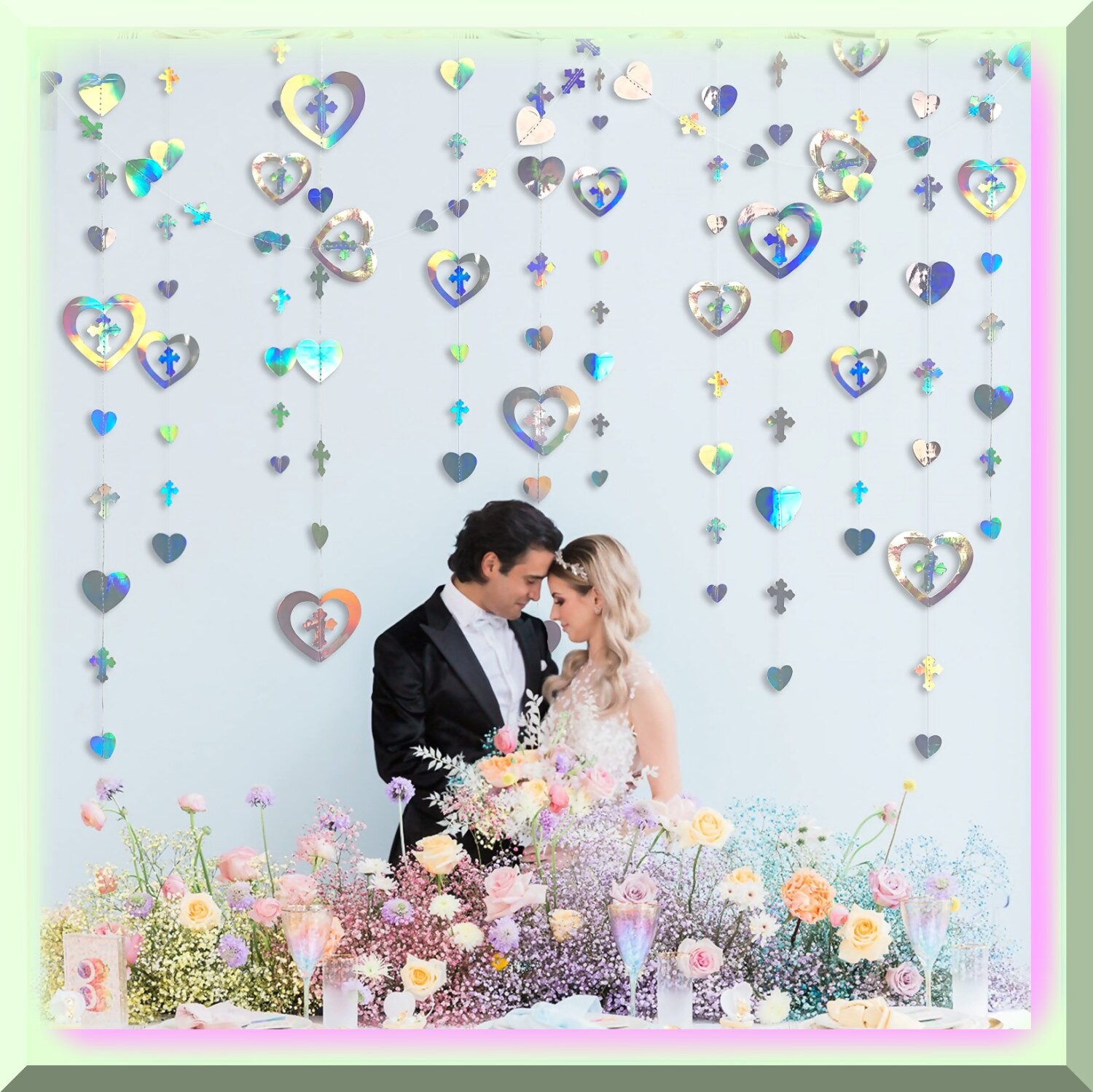 Iridescent Cross Heart Garland 40ft for Holy Occasions