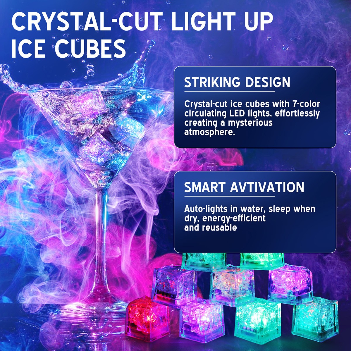 Light Up Ice Cubes, 12 Pack Multi Color Led Ice Cubes for Drinks Changing Lights