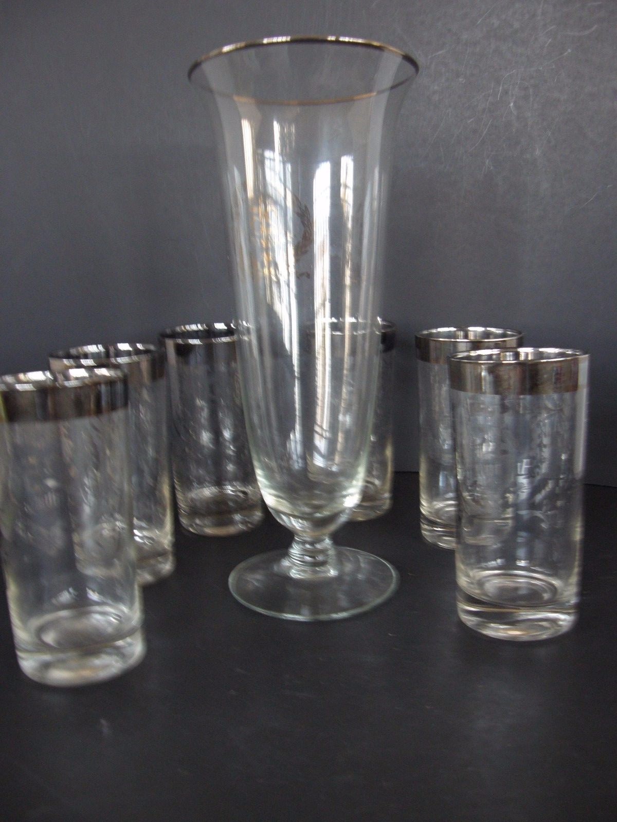 LOT OF 7 PCS. 25th SILVER ANNIVERSARY PITCHER AND GLASS SET WITH SILVER ACCENTS