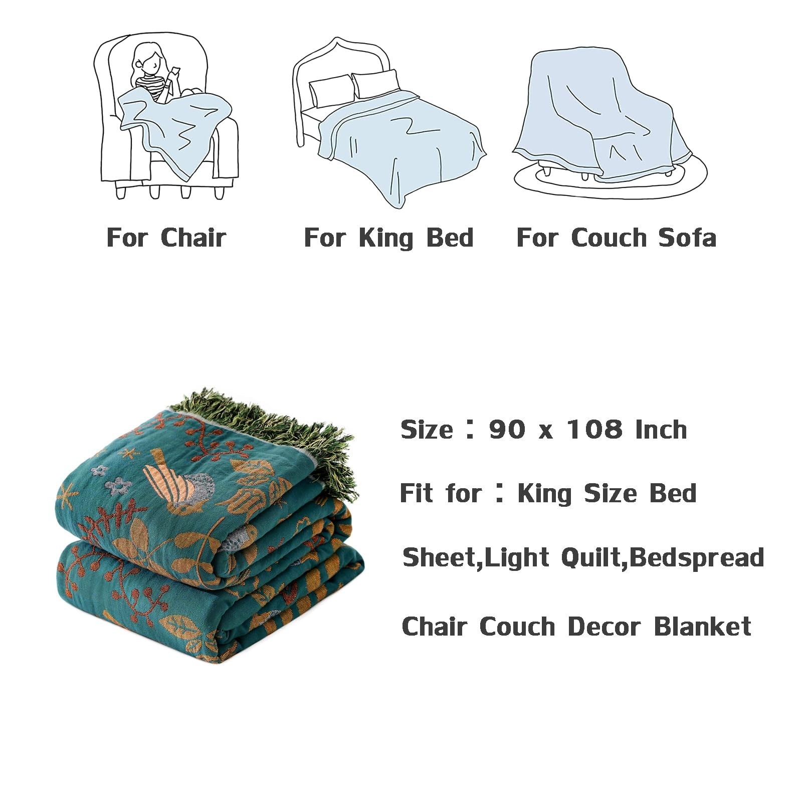 King Throw Blanket for Bed 100% Cotton Boho Soft Rustic Quilt Birds and Flora…