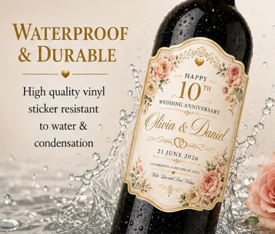 Personalised 10th Wedding Anniversary Bottle Label Sticker Custom Wine Gift