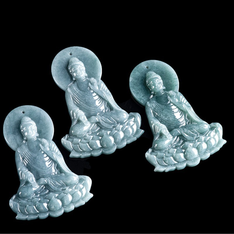 Natural Genuine Blue Green A Jade Jadeite China Style Pendant Amitabha 阿弥陀佛 Gift