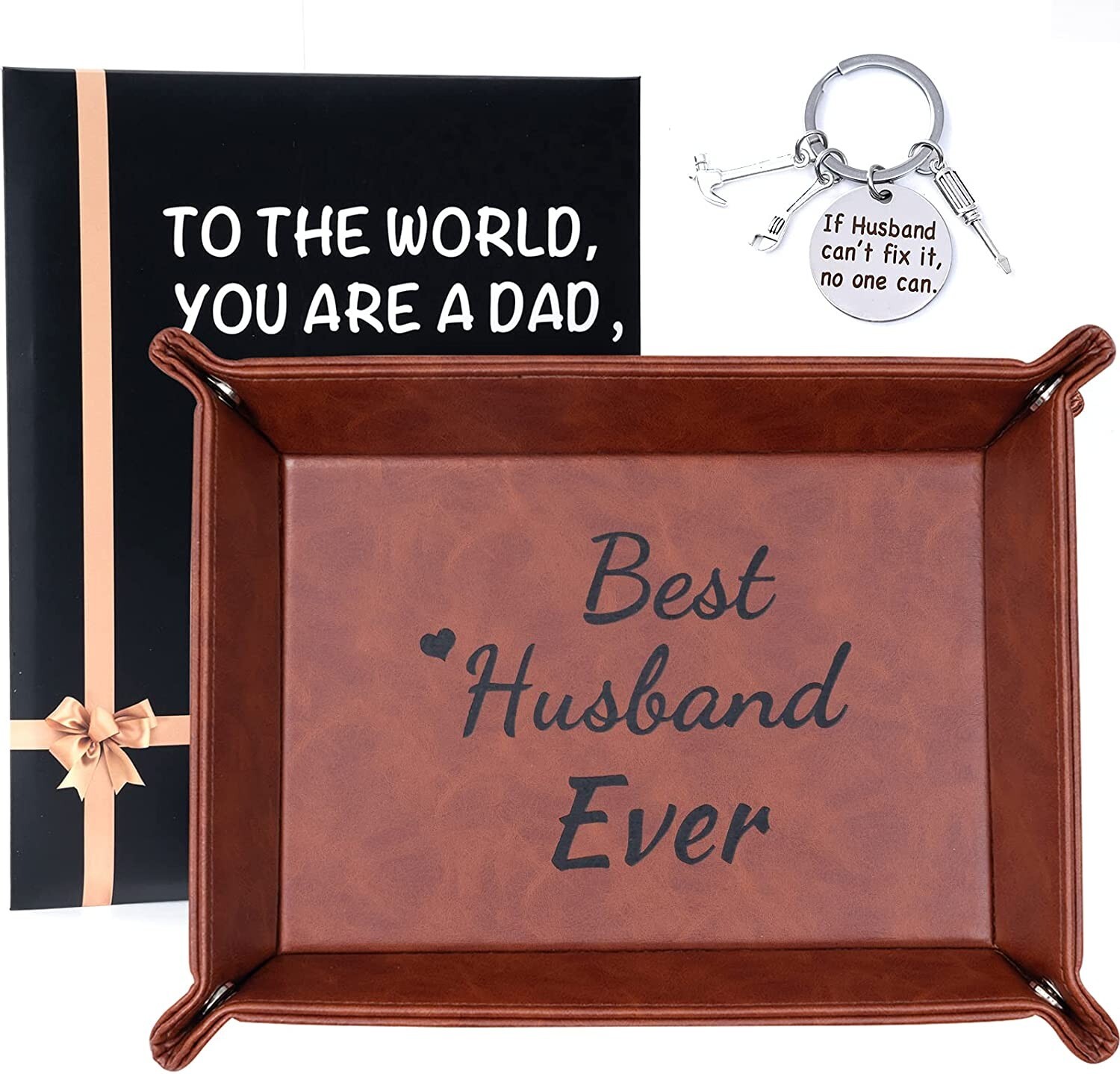 PU Leather Valet Tray Best Husband Ever w/ Keychain Gift Set Brown 10.6″x9″ Org