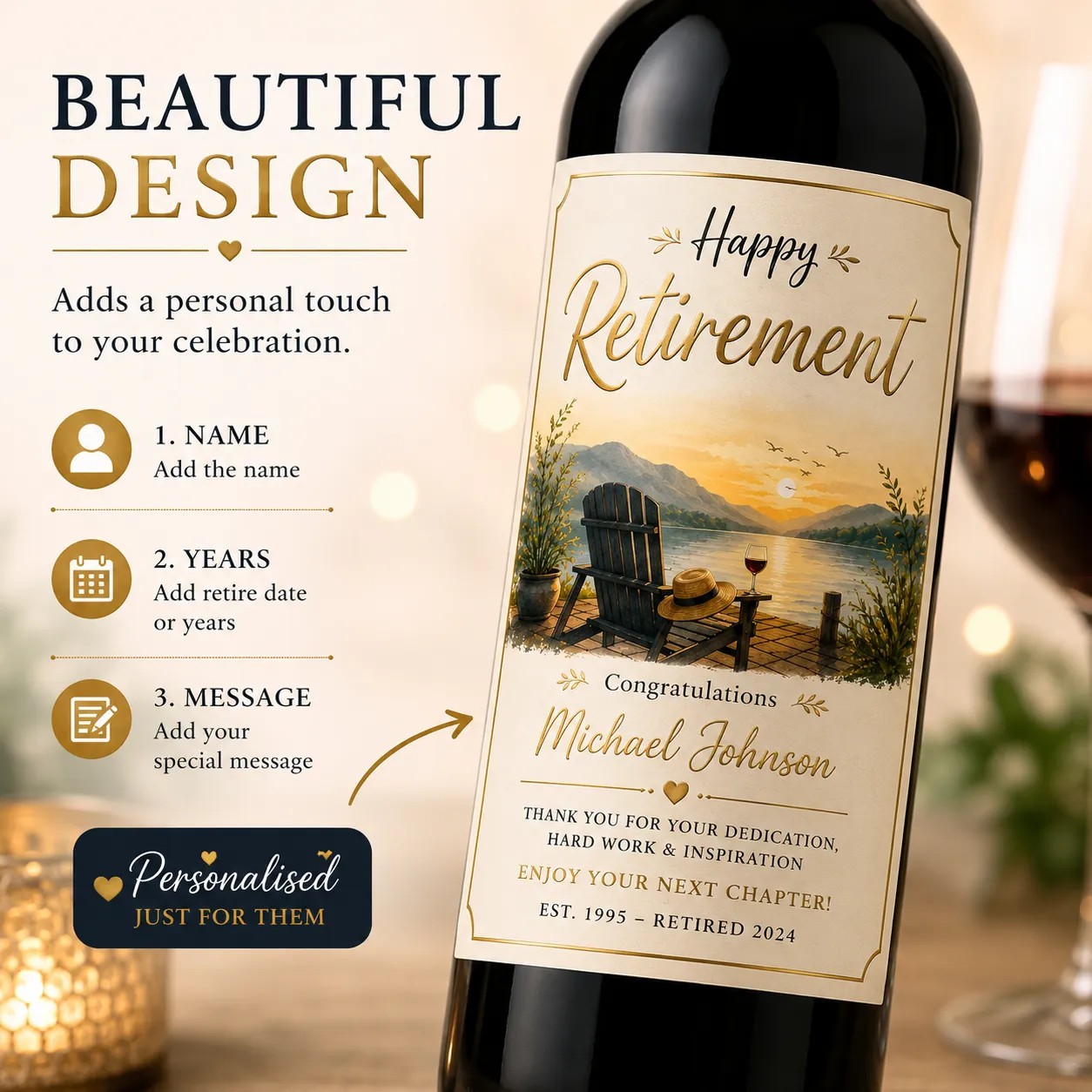 Personalised Retirement Bottle Label Sticker Custom Wine Gift Keepsake