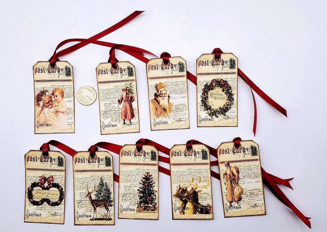 9-Christmas-Vintage-Post Card-Journal-Linen Cardstock-Gift-Hang-Tags