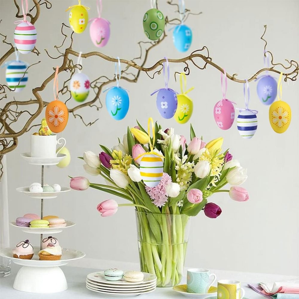 Easter Eggs Decorations,12Pcs Easter Eggs Hanging Ornaments,Painted Egg JQ