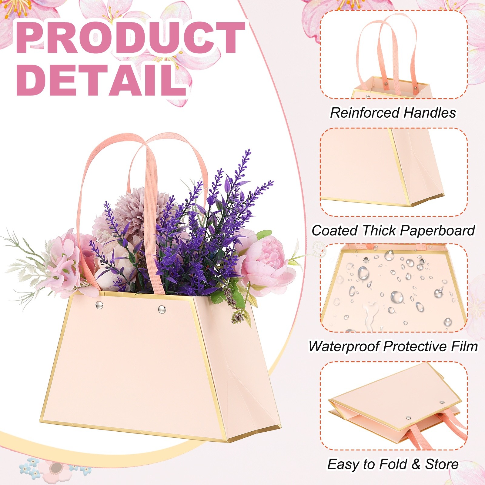 12 Pcs Flower Gift Bags Bouquet Wrapping Bag Paper Bouquet Bag Boxes Pink
