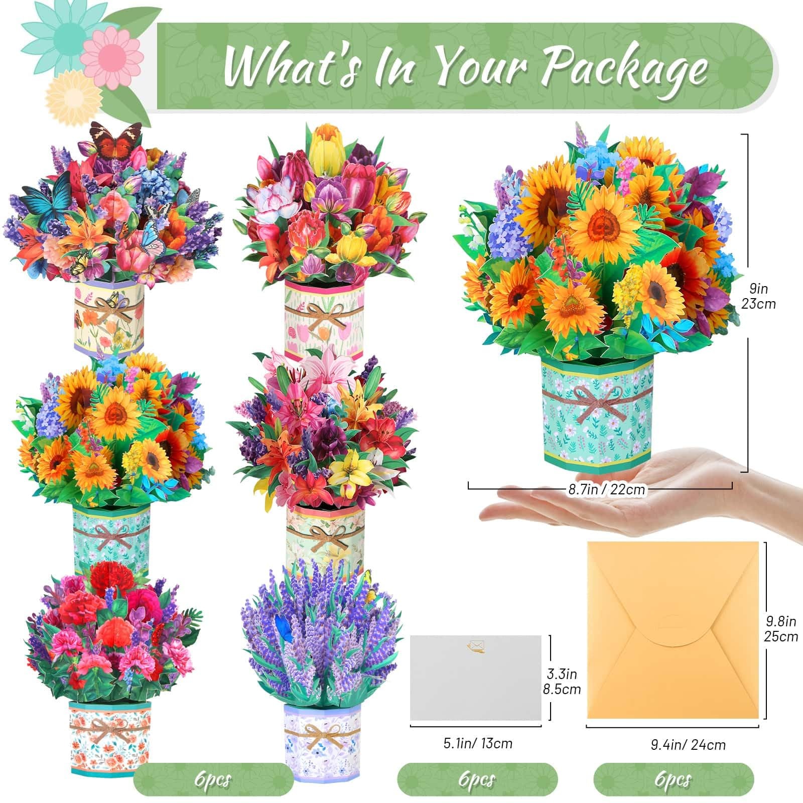 6 Pack Paper Flower Pop Up Cards, Bouquet Card 8.5×9 inches, Color 1