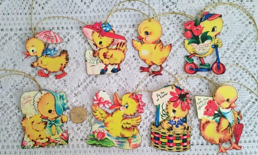 8~Easter~Vintage~Retro~Chicks~Fussy Cut~Linen Cardstock~Gift~Hang~Tags