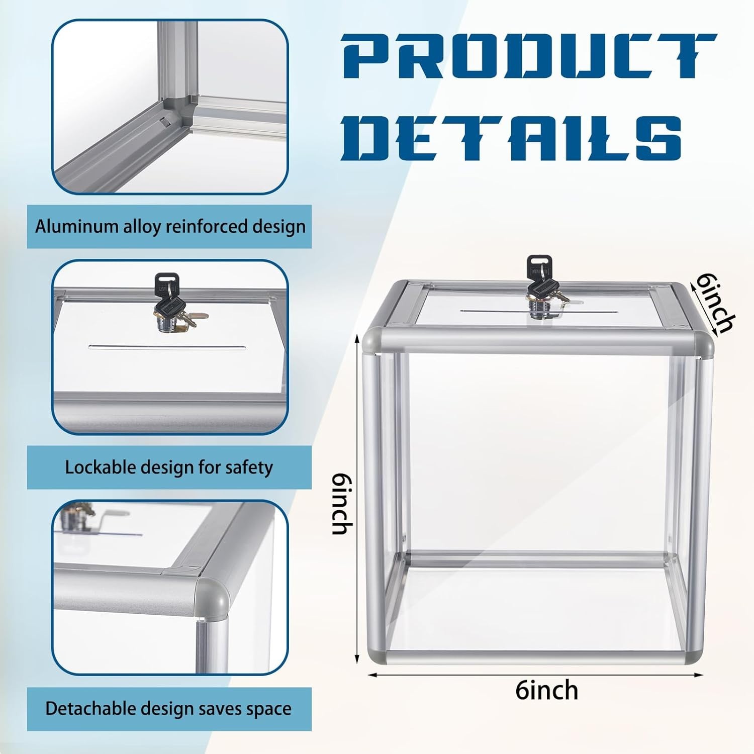 Durable Donation Box with Lock and Key 6 x 6 x 6 Inches High Visibility Design