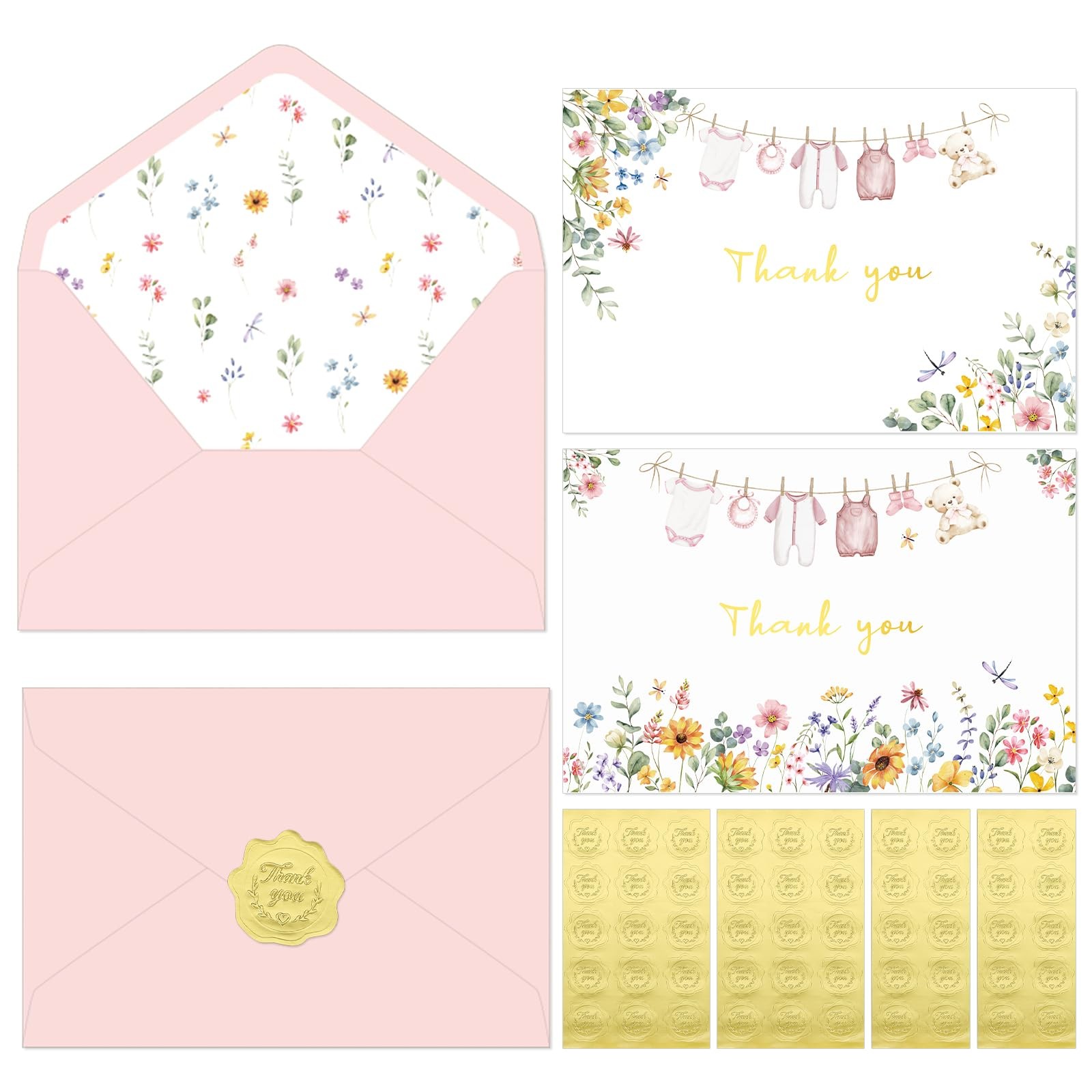 Thboxes 50 Pack Pink Baby Shower Thank You Cards with 6 x 4 inches,