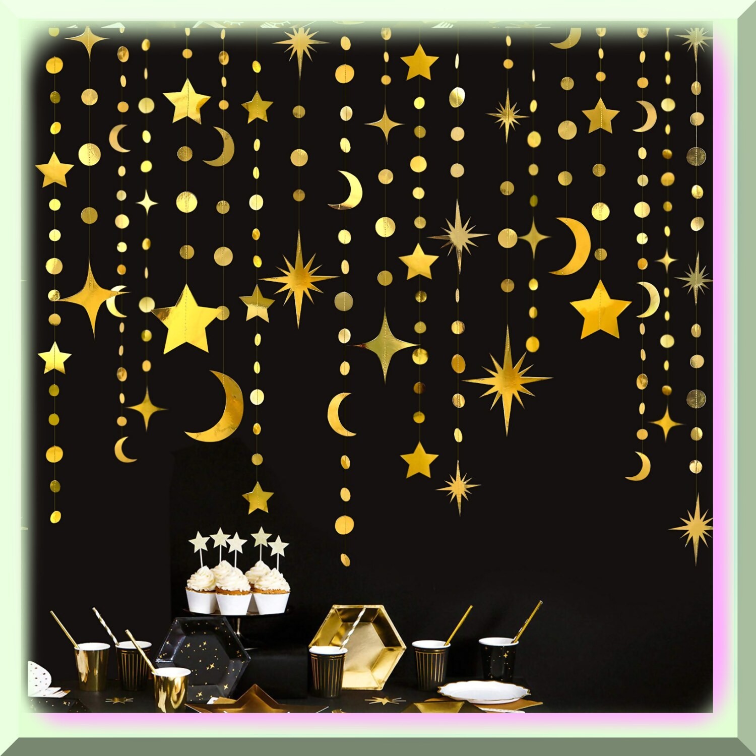 Golden Crescent Moon and Star Garland Set