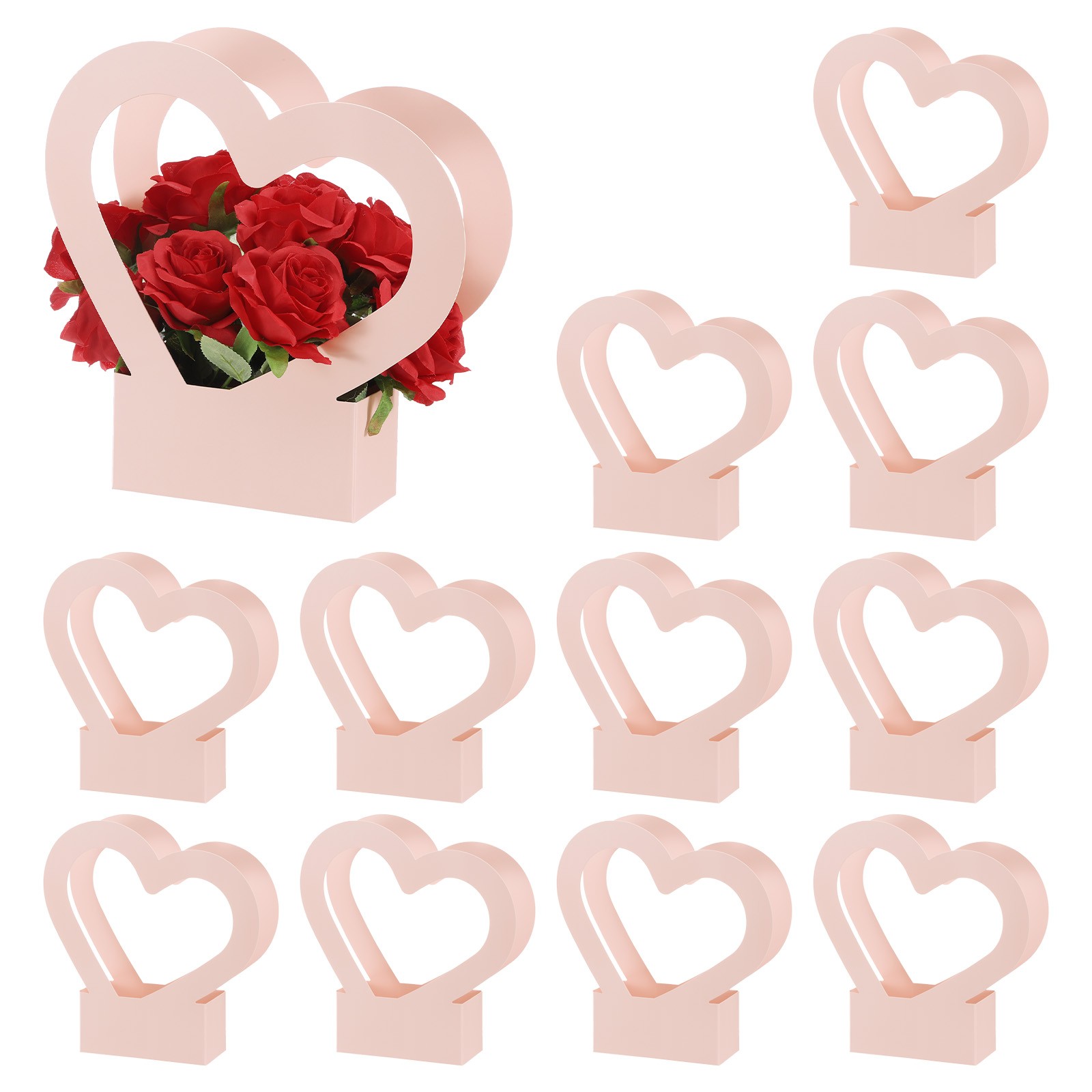 Heart Shaped Flowers Boxes, 12 Pack Bouquet Gift Bags with Handle for Wedding