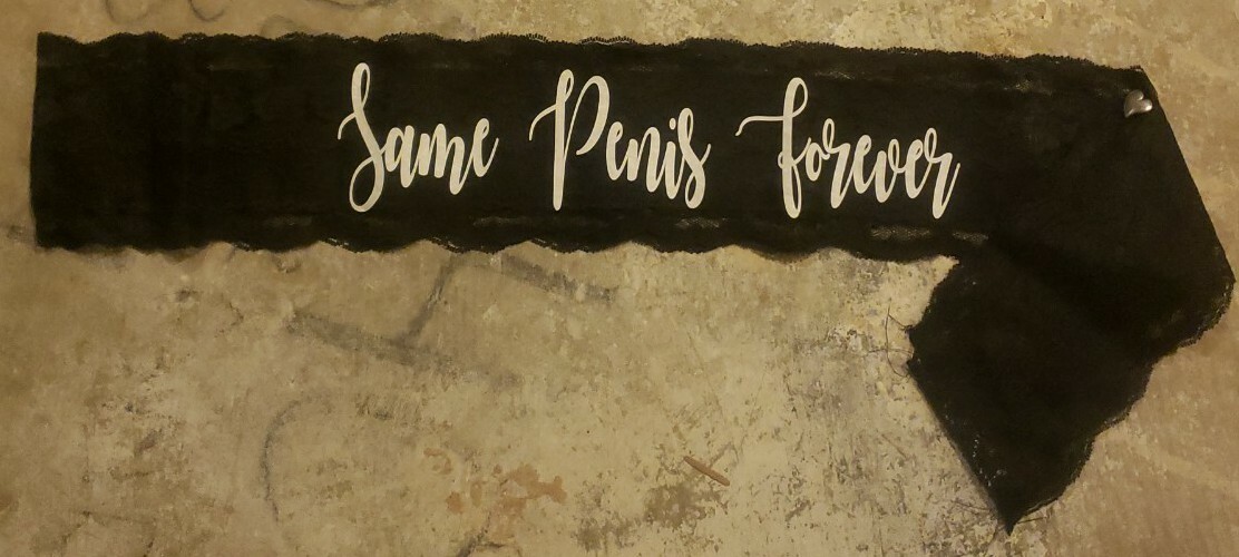 Lauren Lash Designs “Same Penis Forever” Black Lace Sash With Silver Heart Pin