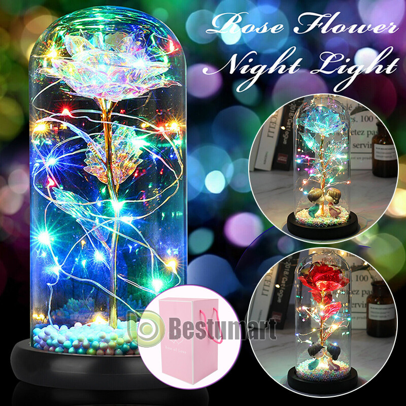 Crystal Eternal Galaxy Rose Flower LED Light Glass In Dome Gifts for Her Lovers