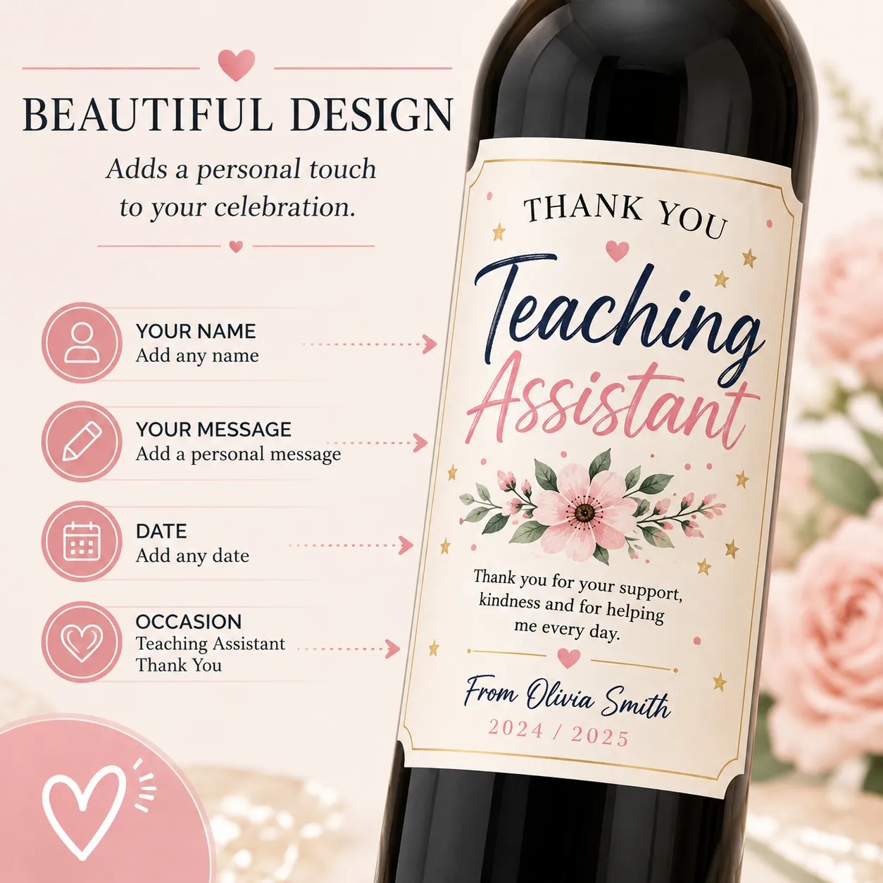 Personalised Teaching Assistant Thank You Bottle Label Sticker Custom Gift