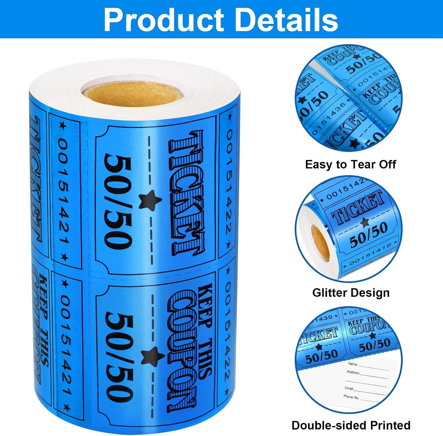 50/50 Raffle Tickets Double Roll Golden Tickets Large Blue Glitter Cards for …