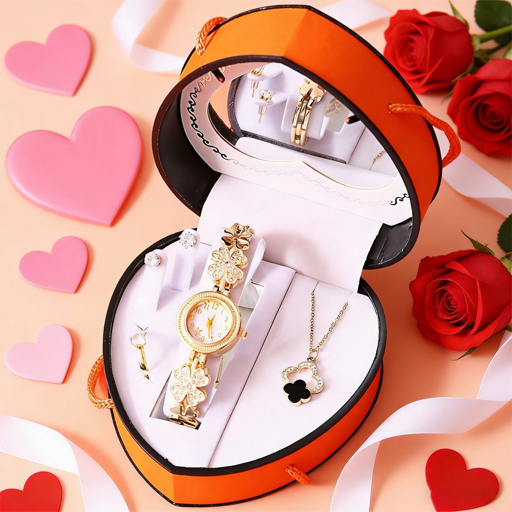 Women’s Watch & Jewelry Set Elegant Necklace Earrings Ring For Valentine’s Day
